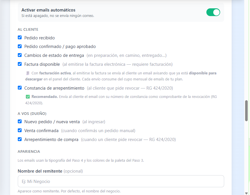 Email automático de confirmación de pedido con enlace de seguimiento de la tienda BizzKore
